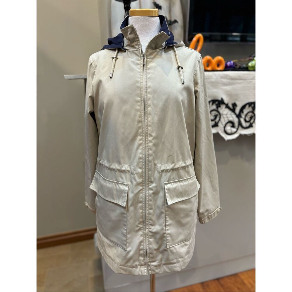 London Fog M khaki - navy zip front hip length adjustable waist cotton blend jac